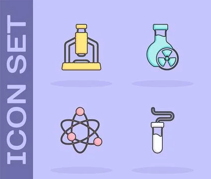 Set Test tube, Microscope, Atom and with toxic liquid icon. Vector Stockillustratie