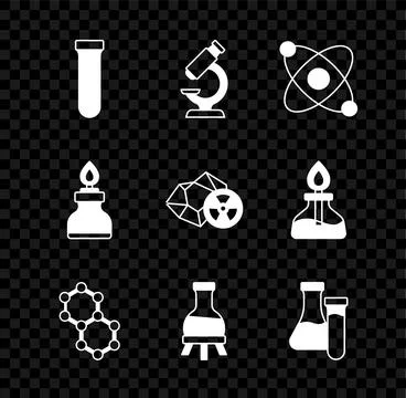 Set Test tube, Microscope, Atom, Molecule, Alcohol or spirit burner and Rad.. イラスト素材