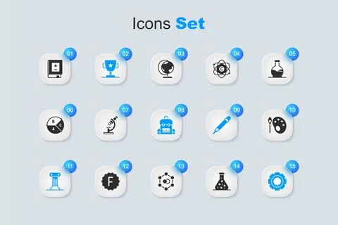 Set Test tube, Microscope, Award cup, Law pillar, Gear, Paint brush with pa.. イラスト素材