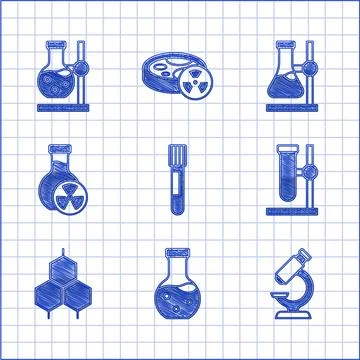 Set Test tube, Microscope, flask on stand, Chemical formula, with toxic liqui イラスト素材