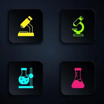 Set Test tube, Microscope, flask on stand and . Black square button. Vector Stockillustratie