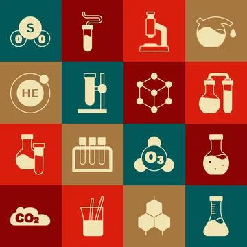Set Test tube, Microscope, flask on stand, Helium, Sulfur dioxide SO2 and M.. Stock Illustration