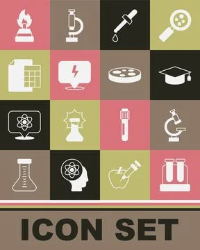 Set Test tube, Microscope, Graduation cap, Pipette, Lightning bolt, Calculator 스톡 일러스트