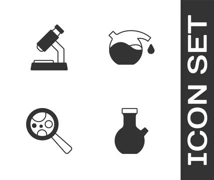 Set Test tube, Microscope, Microorganisms under magnifier and icon. Vector Illustrazione stock