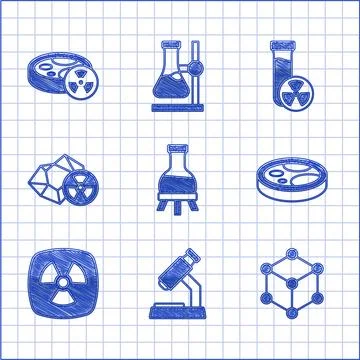 Set Test tube, Microscope, Molecule, Petri dish with bacteria, Radioactive 스톡 일러스트