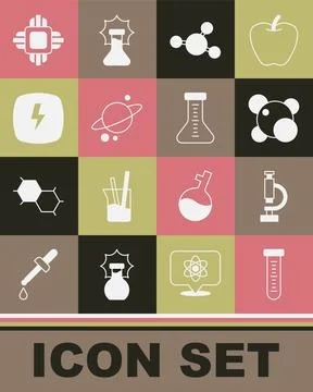 Set Test tube, Microscope, Molecule, Planet Saturn, Lightning bolt, Process.. Stockillustratie