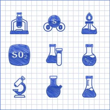 Set Test tube, Microscope, Sulfur dioxide SO2, Alcohol or spirit burner and.. イラスト素材