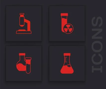 Set Test tube, Microscope, with toxic liquid and  icon. Vector Stockillustratie