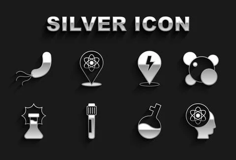 Set Test tube, Molecule, Atom, Explosion in the flask, Lightning bolt, Bacteria Stock Illustration