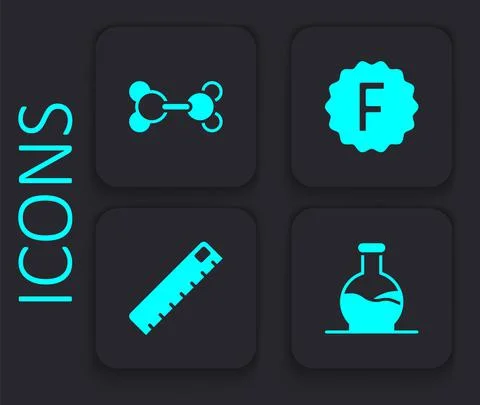Set Test tube, Molecule, Exam paper with incorrect answers and Ruler icon. Black Stockillustratie