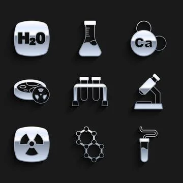 Set Test tube, Molecule, Microscope, Radioactive, with toxic liquid, Minera.. Illustrazione stock