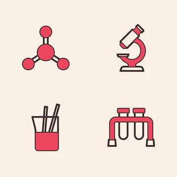 Set Test tube, Molecule, Microscope and Laboratory glassware icon. Vector イラスト素材