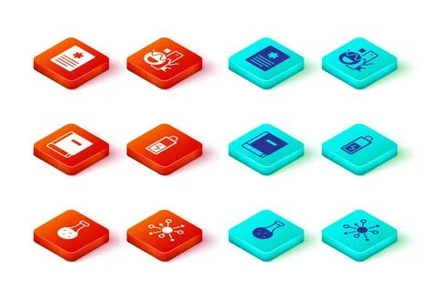 Set Test tube, Molecule, Science book, Battery, Basic geometric shapes and Pa Stock Illustration