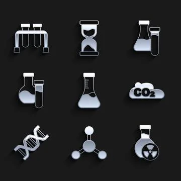 Set Test tube, Molecule, with toxic liquid, CO2 emissions in cloud, DNA symbol Illustrazione stock