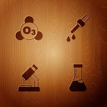 Set Test tube, Ozone, Microscope and Pipette on wooden background. Vector Ilustração Stock