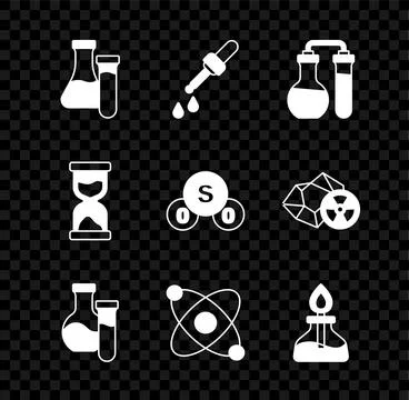 Set Test tube, Pipette, Atom, Alcohol or spirit burner, Old hourglass and S.. Stock Illustration