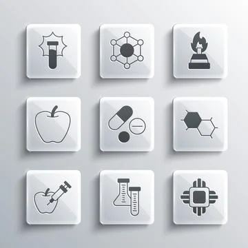 Set Test tube, Processor CPU, Chemical formula, Medicine pill tablet Stockillustratie