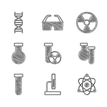 Set Test tube radiation, Microscope, Atom, and flask, Radioactive and DNA symbol Stockillustratie