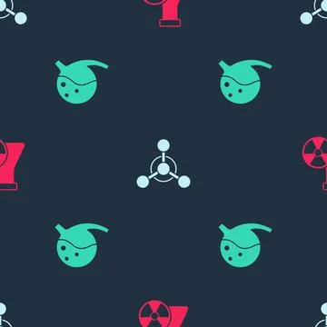 Set Test tube radiation, Molecule and and flask on seamless pattern. Vector 스톡 일러스트