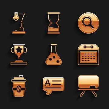 Set Test tube, Speech bubbles with Answer, Chalkboard, Calendar, Coffee cup.. Illustrazione stock