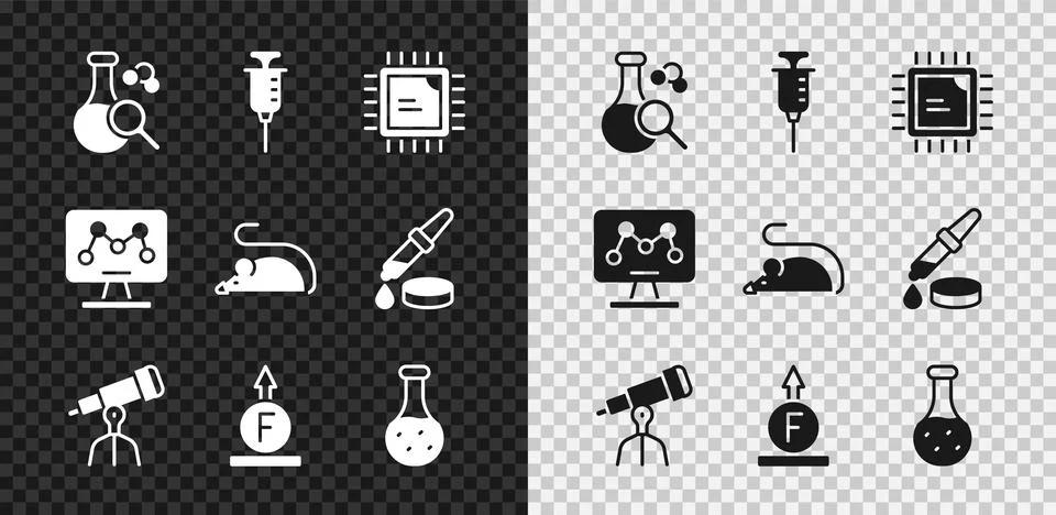 Set Test tube, Syringe, Processor CPU, Telescope, Force of physic formula 스톡 일러스트