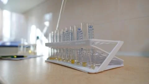 Set of test tubes close-up in laboratory in plastic box holder. Foto stock