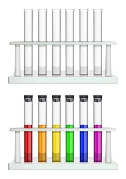 Set of test tubes in racks. Test tubes empty and filled with multi-colored Stock Illustration