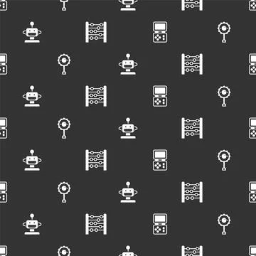 Set Tetris electronic game, Rattle baby toy, Robot and Abacus on seamless Stock Illustration