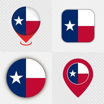 Set of Texas State Flag Icons and Map Pins. Stock Illustration