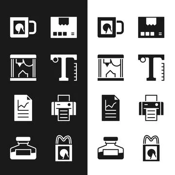 Set Text, 3D printer, Coffee cup, Carton cardboard box, Document with graph.. Stock Illustration