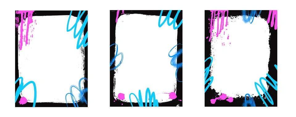 Set of text frames with grunge style spray paint. Graffiti templates with Illustrazione stock