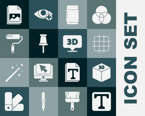 Set Text, Isometric cube, Grid graph paper, Eraser or rubber, Push pin, Paint Illustrazione stock