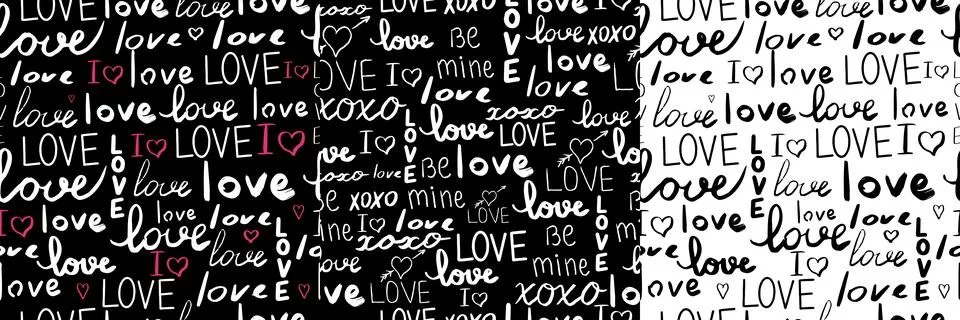 Set Text love, script cute doodle hand drawn seamless pattern on black Stock Illustration