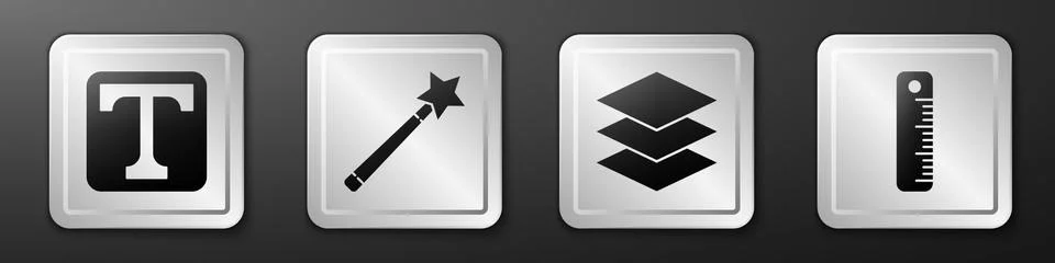 Set Text, Magic wand, Layers and Ruler icon. Silver square button. Vector イラスト素材