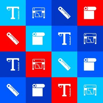 Set Text, Plotter, Ruler and Roll of paper icon. Vector Ilustración de archivo