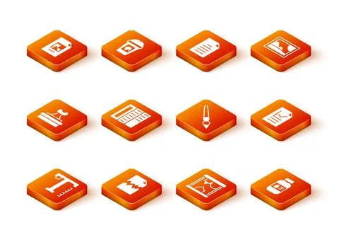 Set Text, Torn document, Stamp, Brochure, 3D printer, Paint brush, Printer ink Stock Illustration