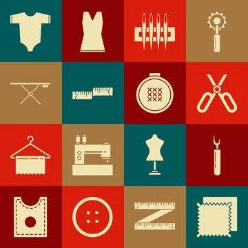 Set Textile fabric roll, Cutter tool, Scissors, Needle for sewing, Tape measure Stock Illustration