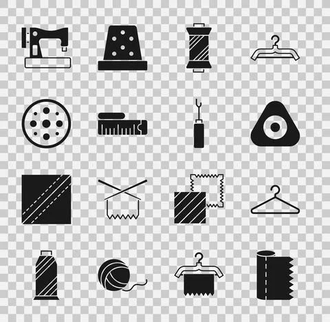 Set Textile fabric roll, Hanger wardrobe, Sewing chalk, thread on spool, Tape Stock Illustration