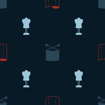 Set Textile fabric roll, Knitting needles and Mannequin on seamless pattern Stock Illustration