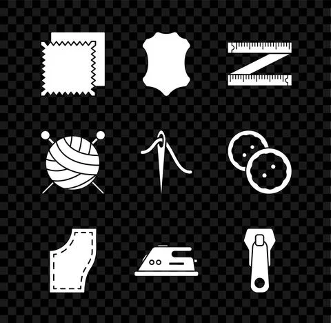 Set Textile fabric roll, Leather, Tape measure, Sewing Pattern, Electric iron Stock Illustration