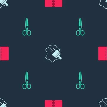 Set Textile fabric roll, Leather and Scissors on seamless pattern. Vector Stock Illustration