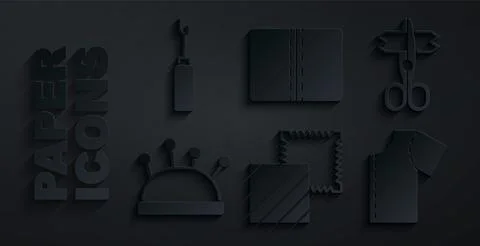 Set Textile fabric roll, Scissors, Needle bed and needles, Sewing pattern, and イラスト素材