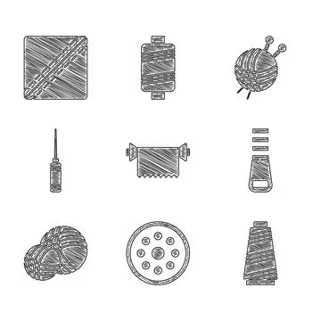 Set Textile fabric roll, Sewing button, thread, Zipper, Yarn ball, Awl tool Stock Illustration