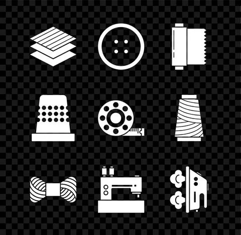 Set Textile fabric roll, Sewing button for clothes, thread spool, machine Stock Illustration