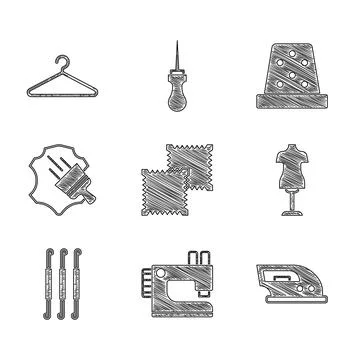 Set Textile fabric roll, Sewing machine, Electric iron, Mannequin, Crochet hook Stock Illustration