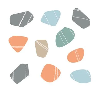 Set of textured flat sea pebbles, color small stouns, abstract nature rocks. Stock Illustration