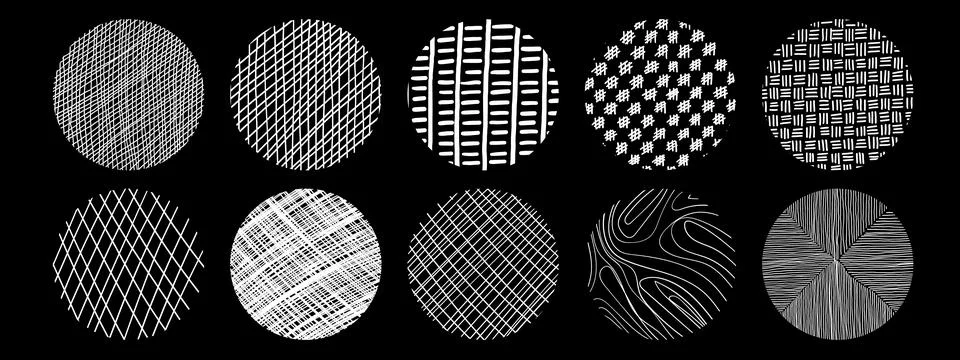 Set of textures with different circle patterns. Crosshatch, wood, rain, stipp Stock Illustration