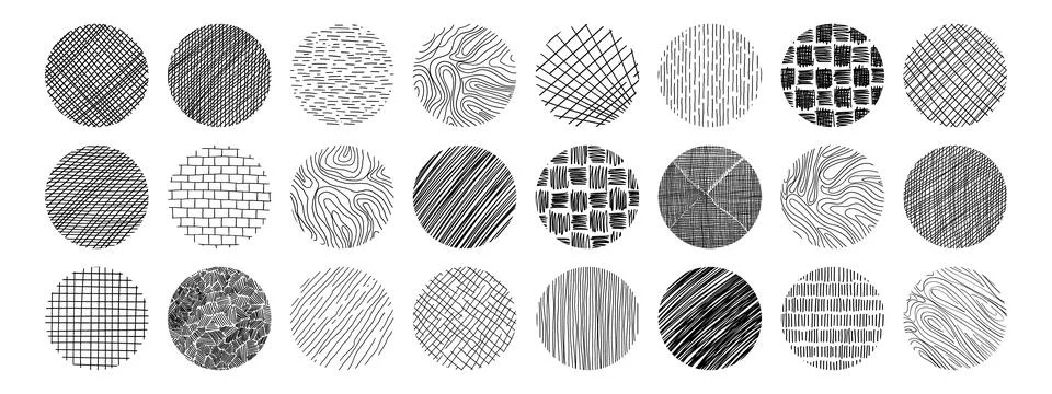 Set of textures with different circle patterns. Vector scribble, horizontal.. Stock Illustration