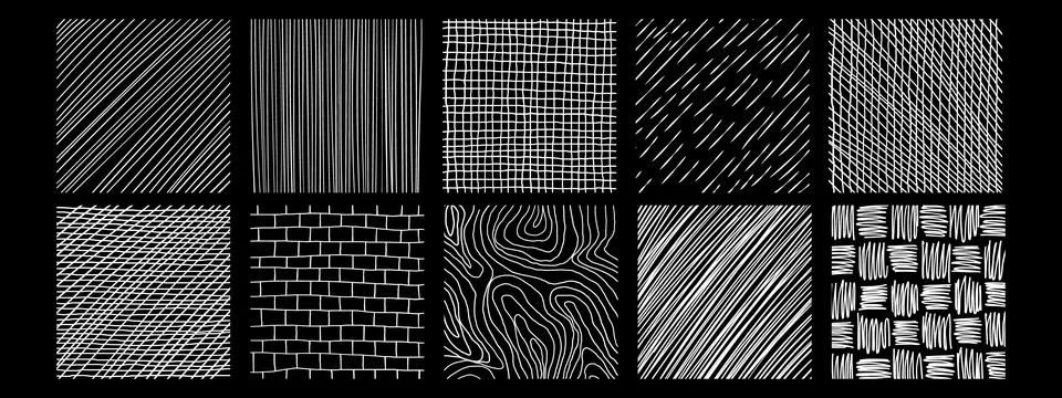 Set of textures with different hand drawn patterns. Vector scribble, horizo.. Illustrazione stock
