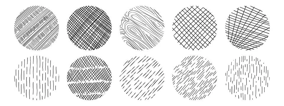 Set of textures with different hand drawn circle patterns. Vector scribble, h Stock Illustration